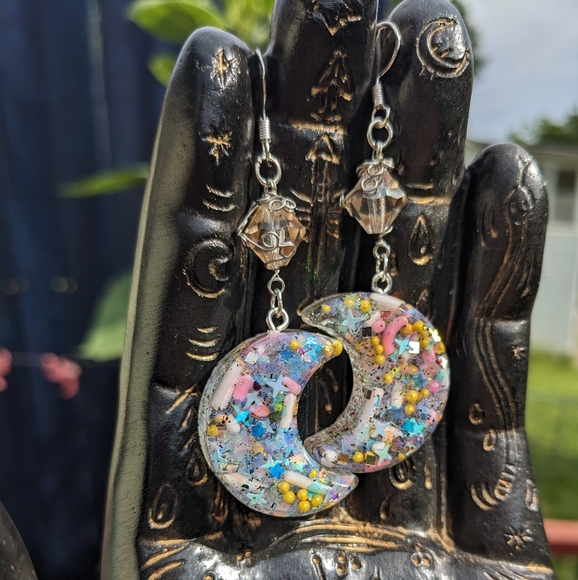 Moon Earrings Candy Sprinkles Resin Handmade Crescent Moon Wire Wrapped Cute Art - Picture 5 of 8